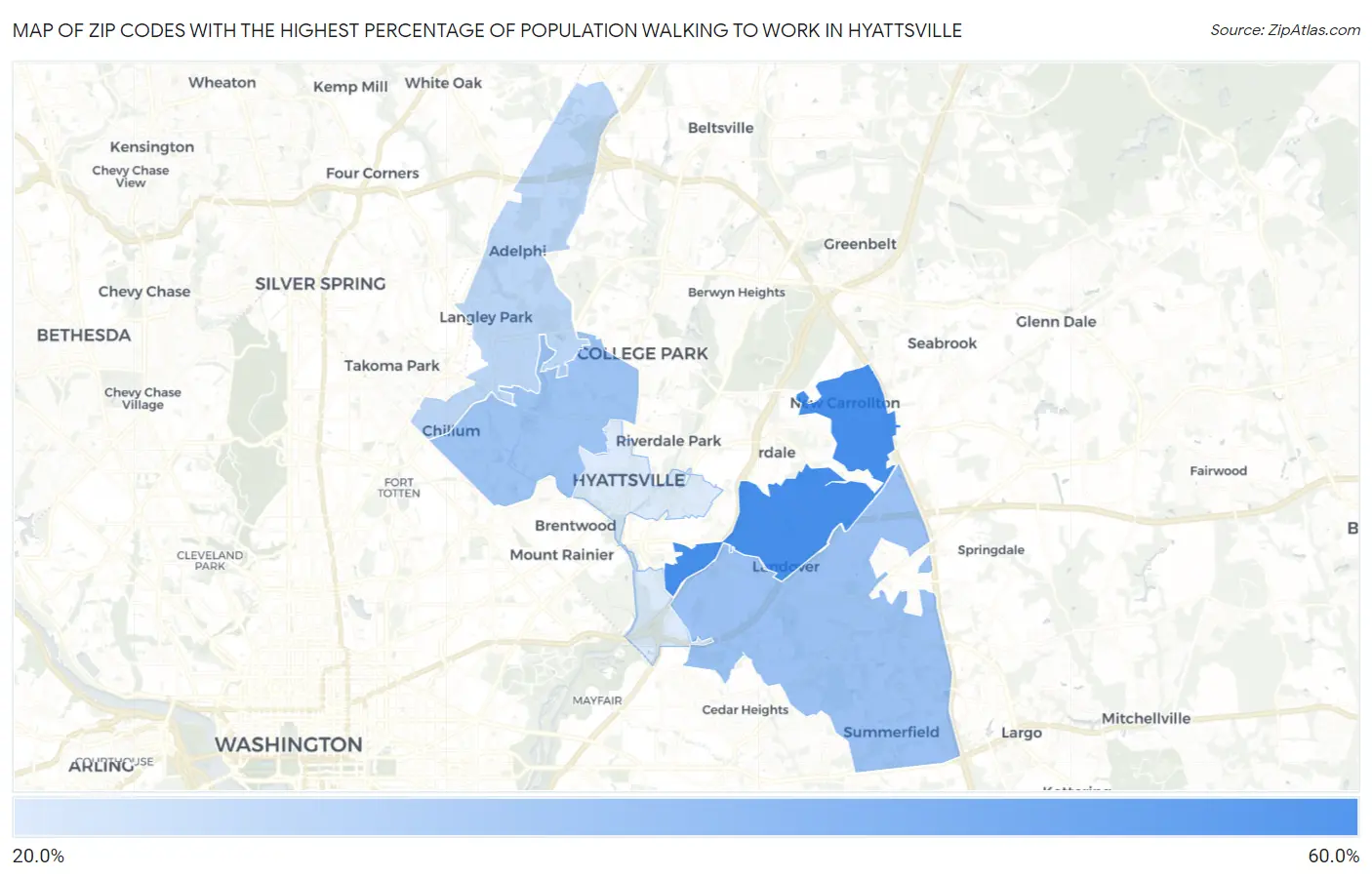 Zip Codes with the Highest Percentage of Population Walking to Work in Hyattsville Map
