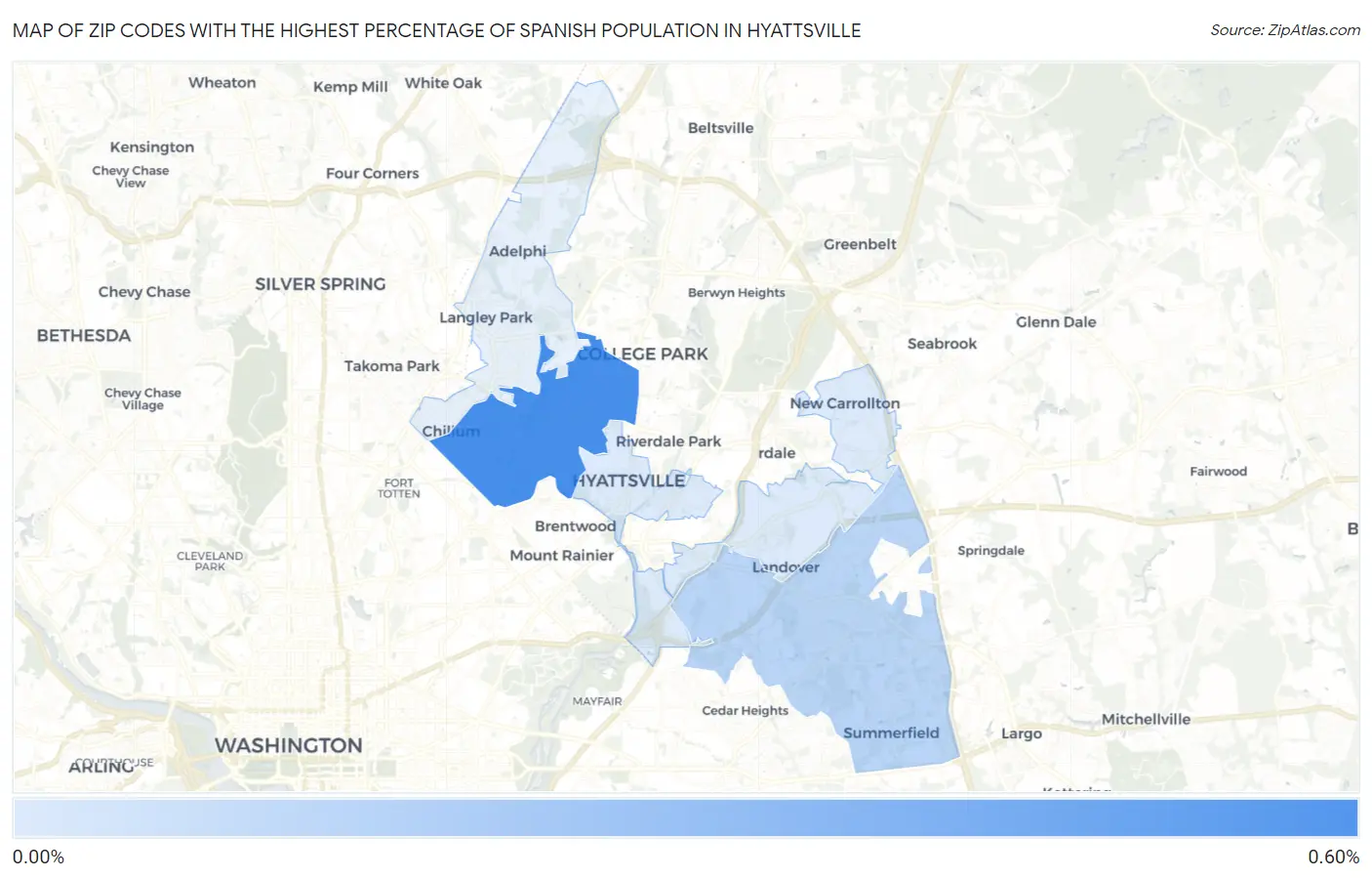 Zip Codes with the Highest Percentage of Spanish Population in Hyattsville Map