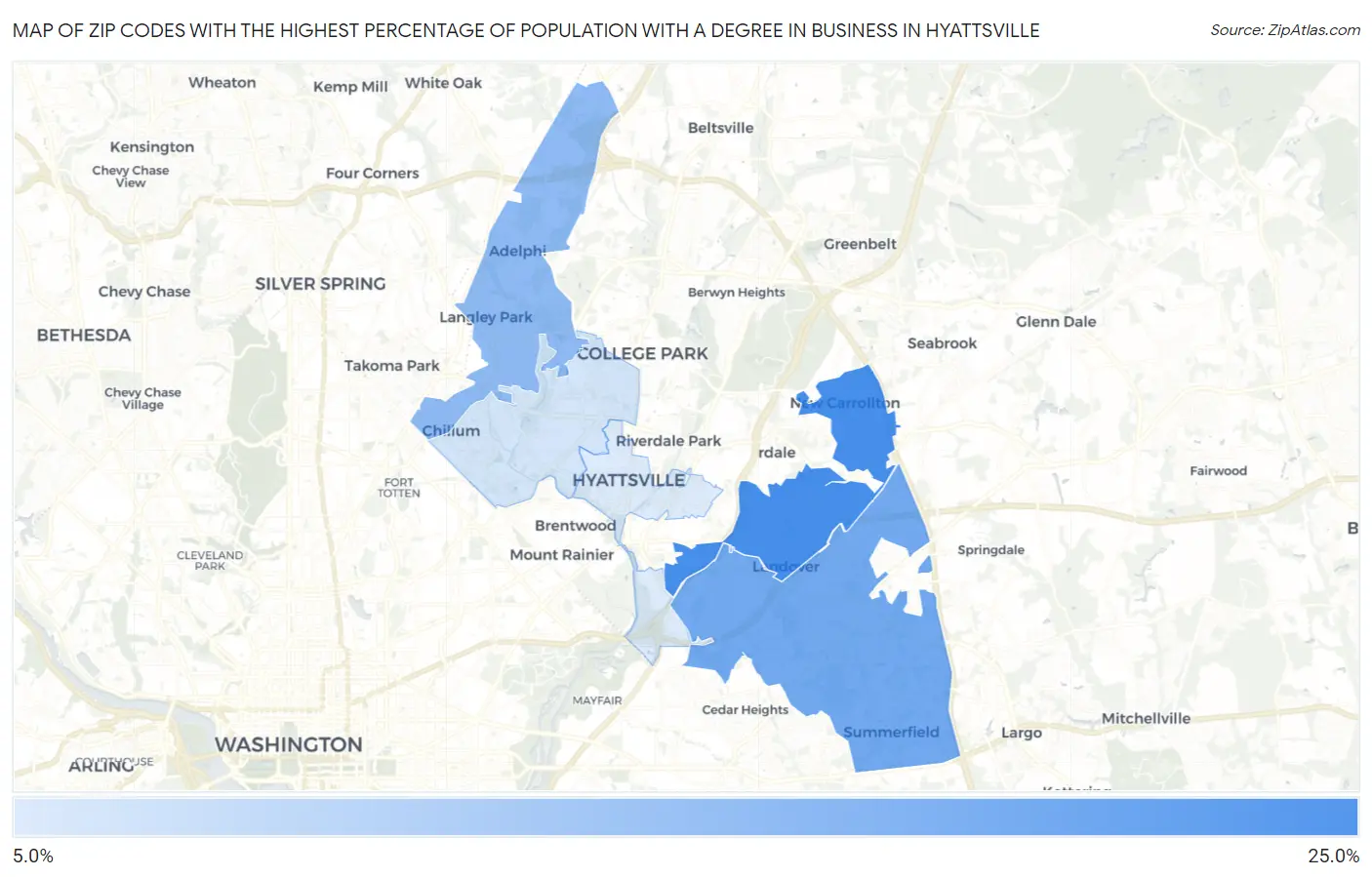 Zip Codes with the Highest Percentage of Population with a Degree in Business in Hyattsville Map