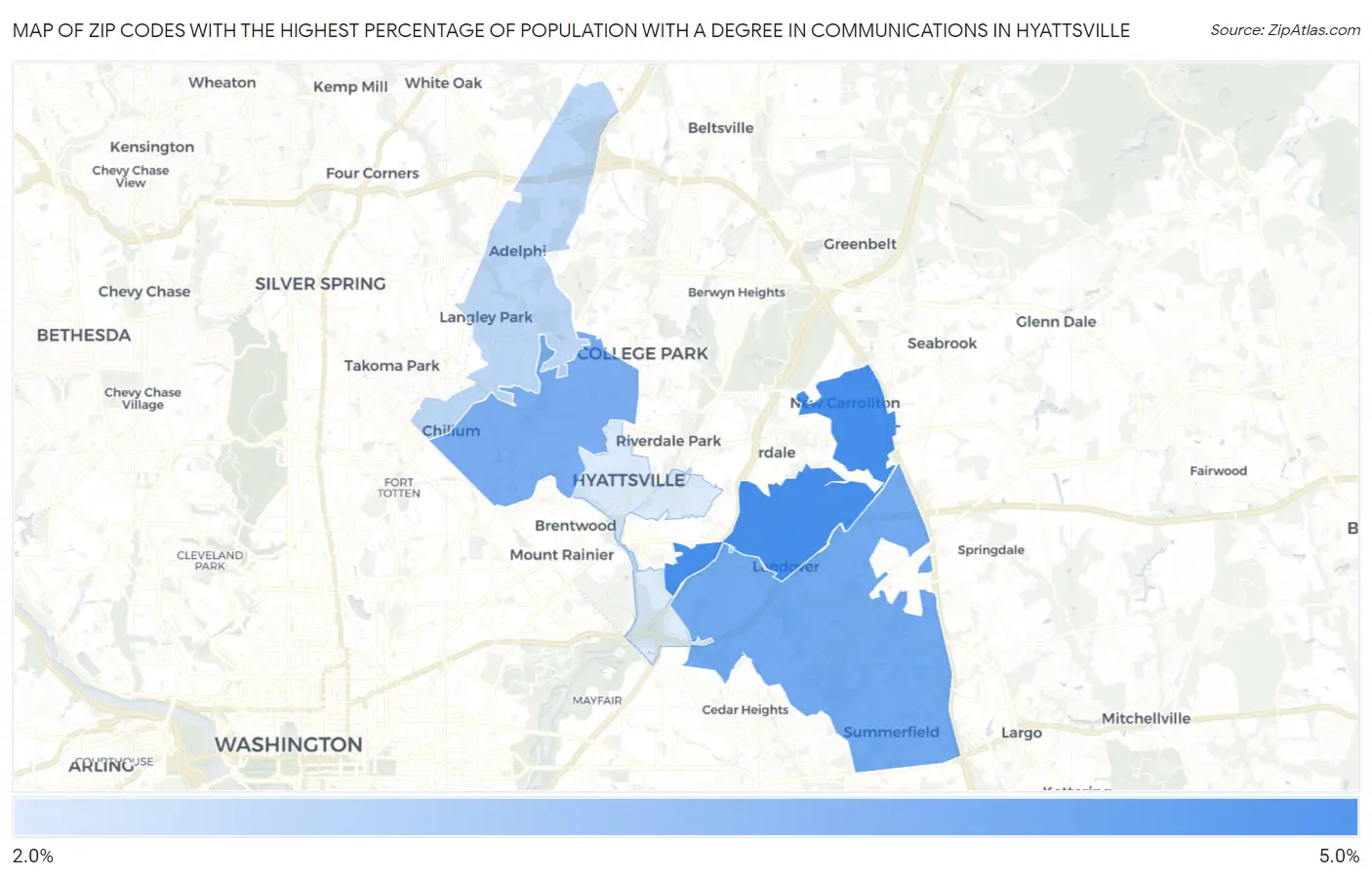 Zip Codes with the Highest Percentage of Population with a Degree in Communications in Hyattsville Map