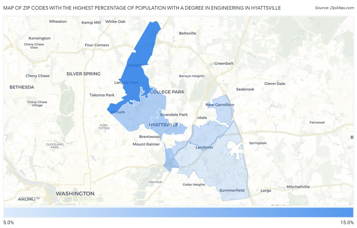Zip Codes with the Highest Percentage of Population with a Degree in Engineering in Hyattsville Map