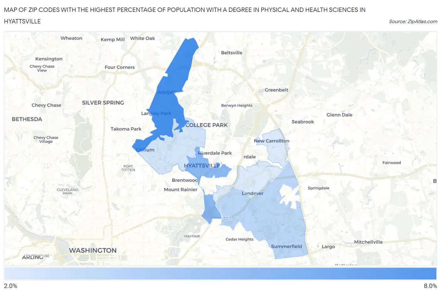Zip Codes with the Highest Percentage of Population with a Degree in Physical and Health Sciences in Hyattsville Map