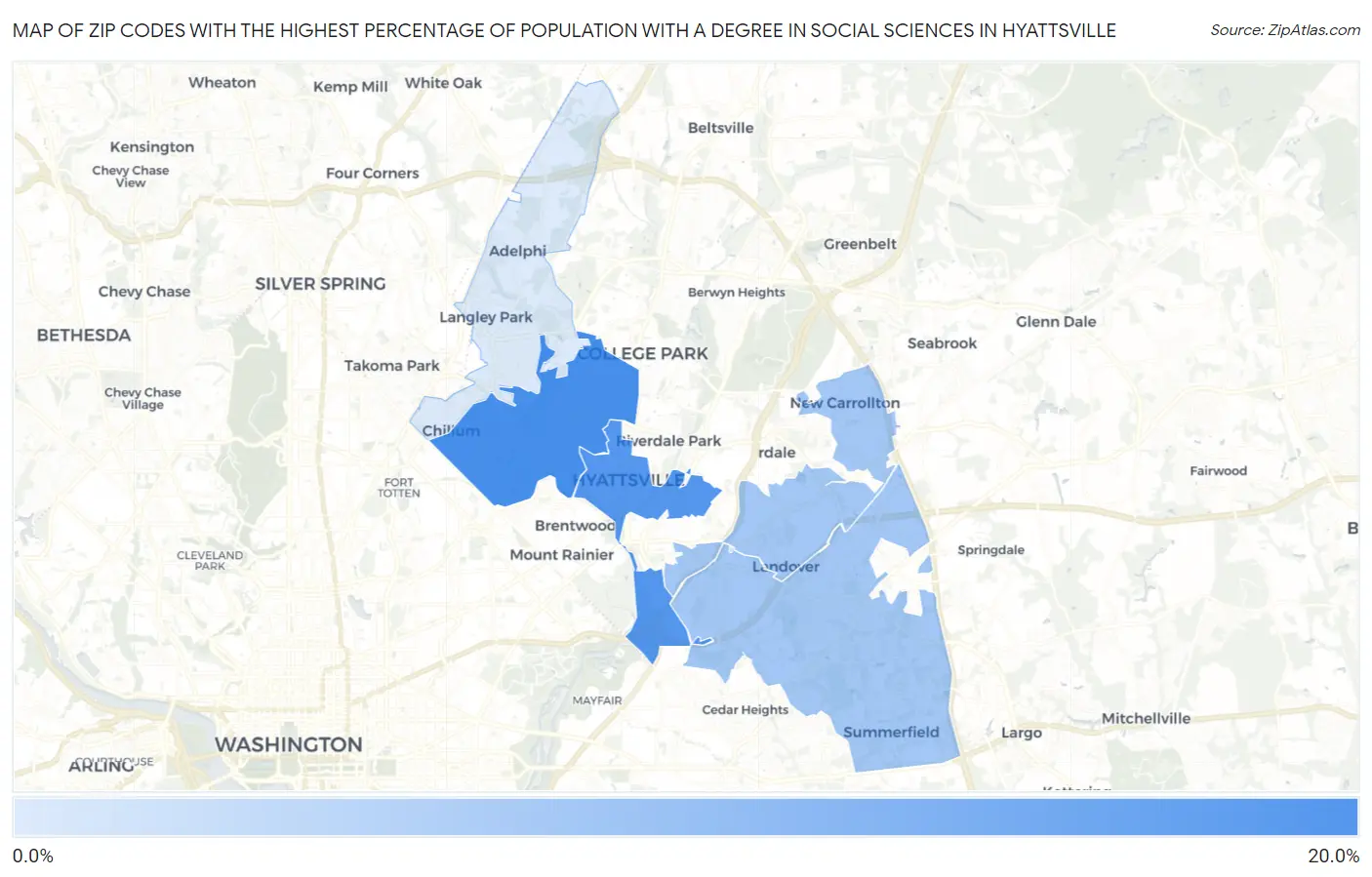 Zip Codes with the Highest Percentage of Population with a Degree in Social Sciences in Hyattsville Map
