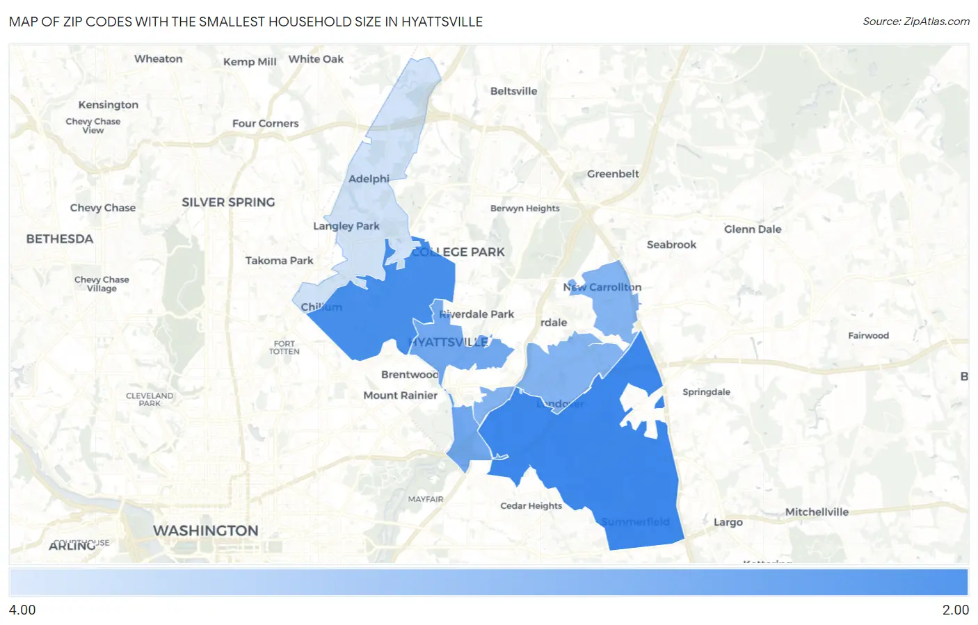 Zip Codes with the Smallest Household Size in Hyattsville Map
