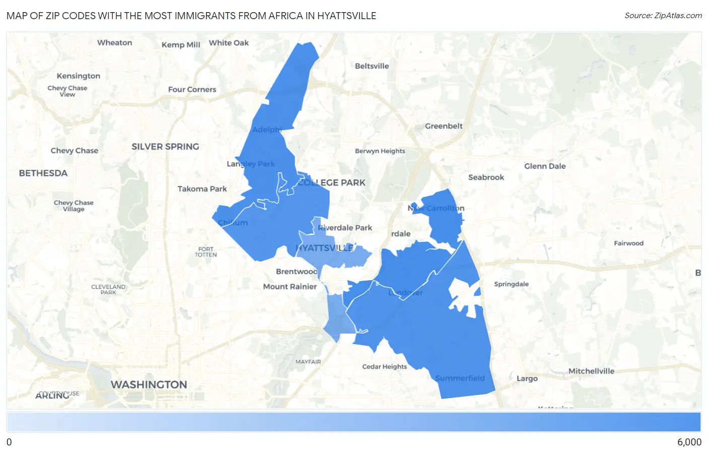 Zip Codes with the Most Immigrants from Africa in Hyattsville Map