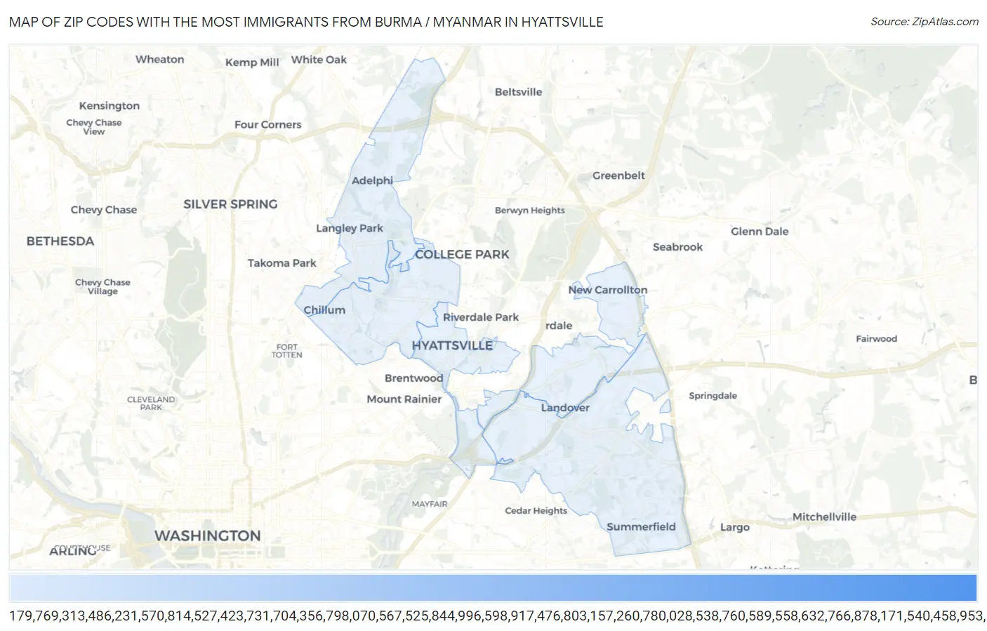 Zip Codes with the Most Immigrants from Burma / Myanmar in Hyattsville Map