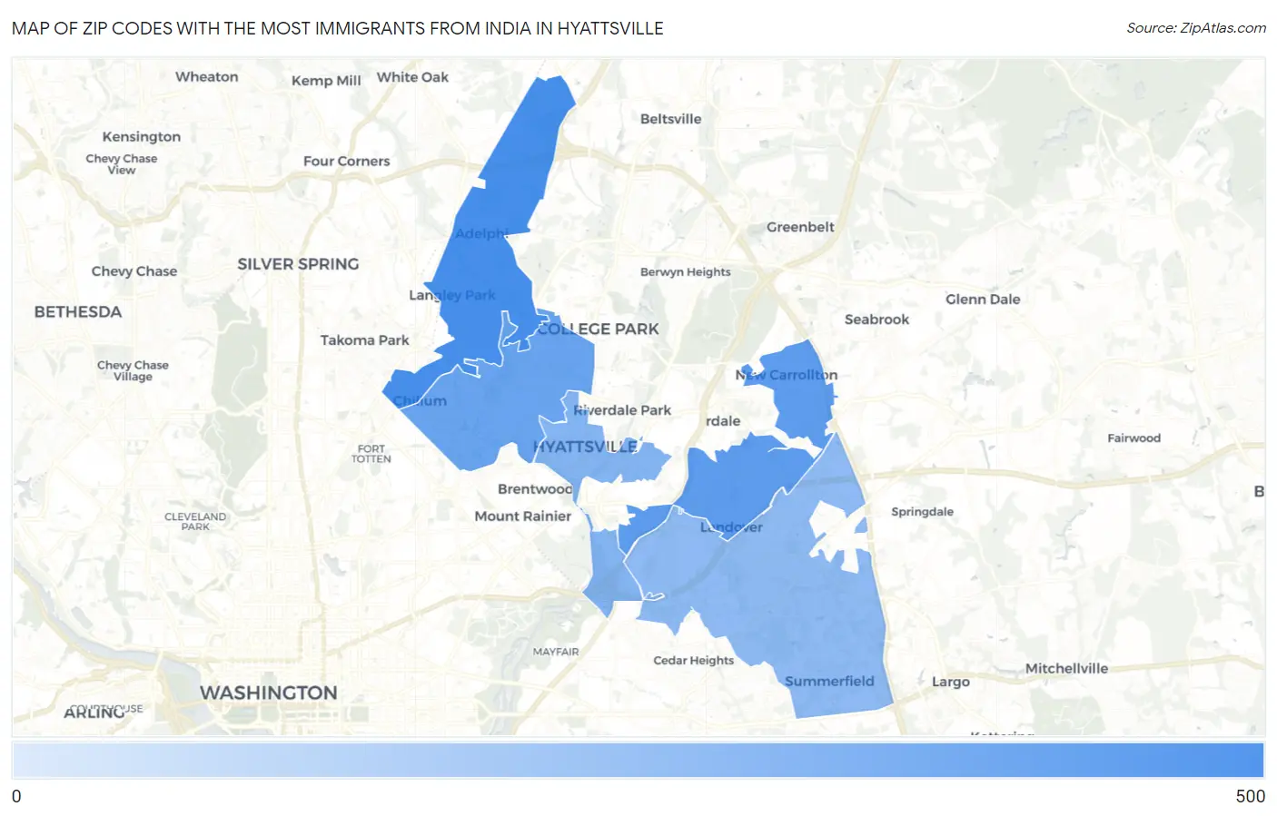 Zip Codes with the Most Immigrants from India in Hyattsville Map
