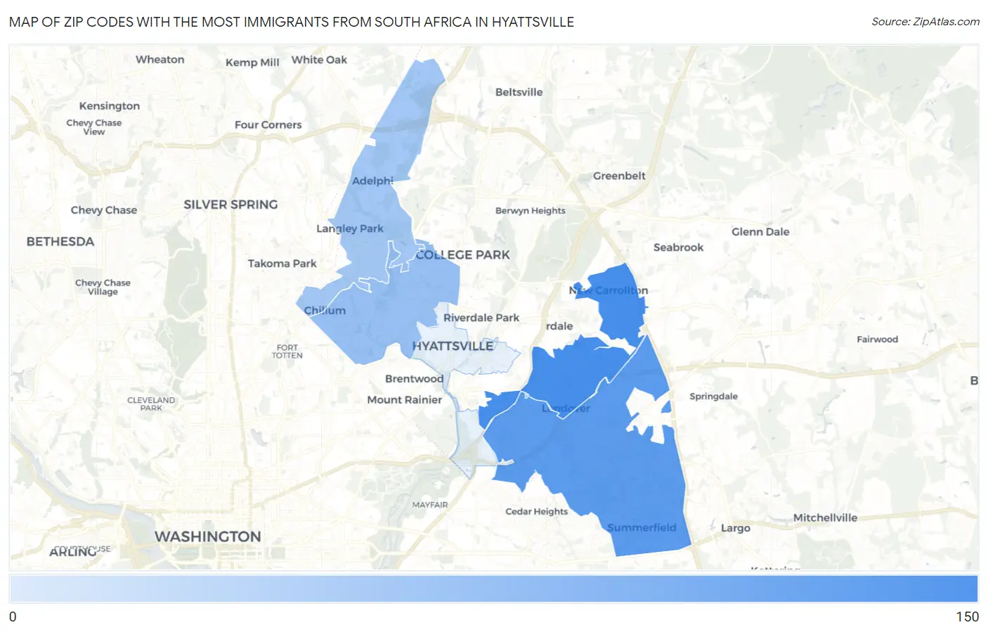 Zip Codes with the Most Immigrants from South Africa in Hyattsville Map