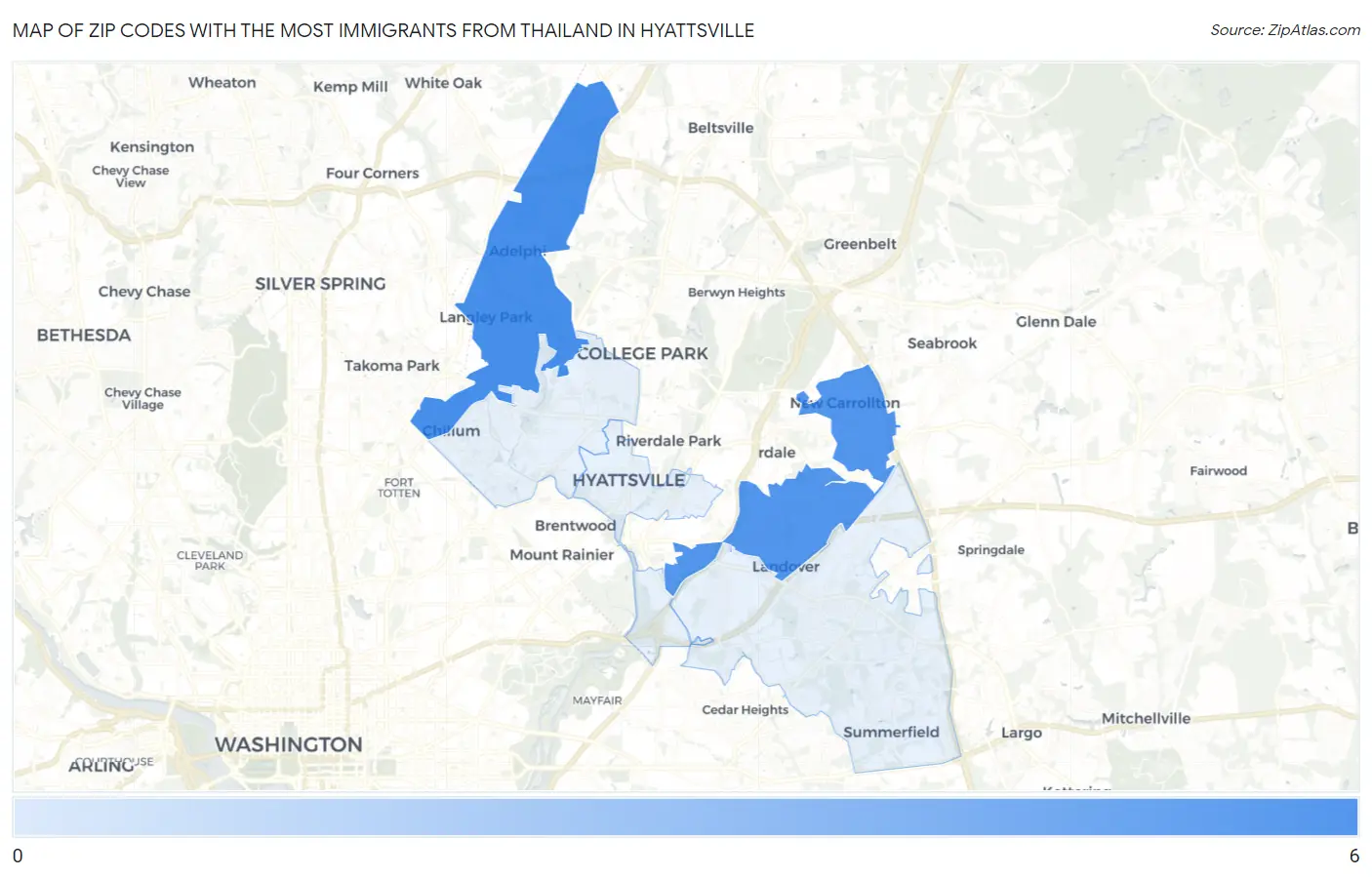 Zip Codes with the Most Immigrants from Thailand in Hyattsville Map