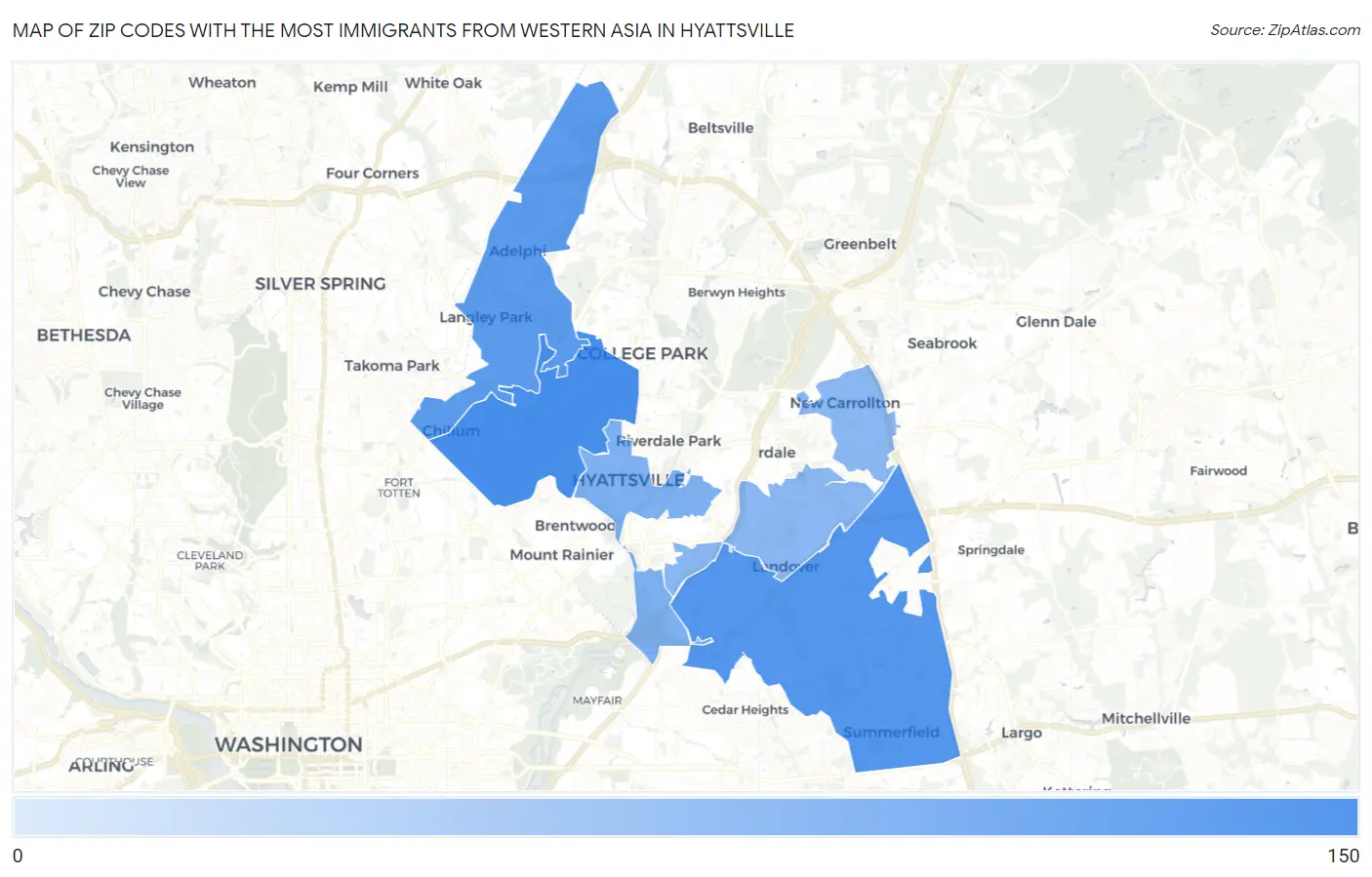 Zip Codes with the Most Immigrants from Western Asia in Hyattsville Map