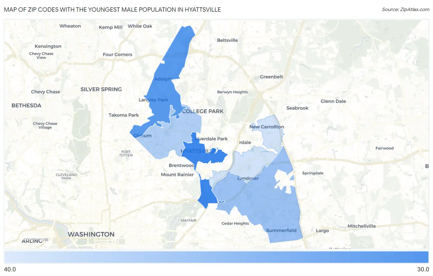 Zip Codes with the Youngest Male Population in Hyattsville Map
