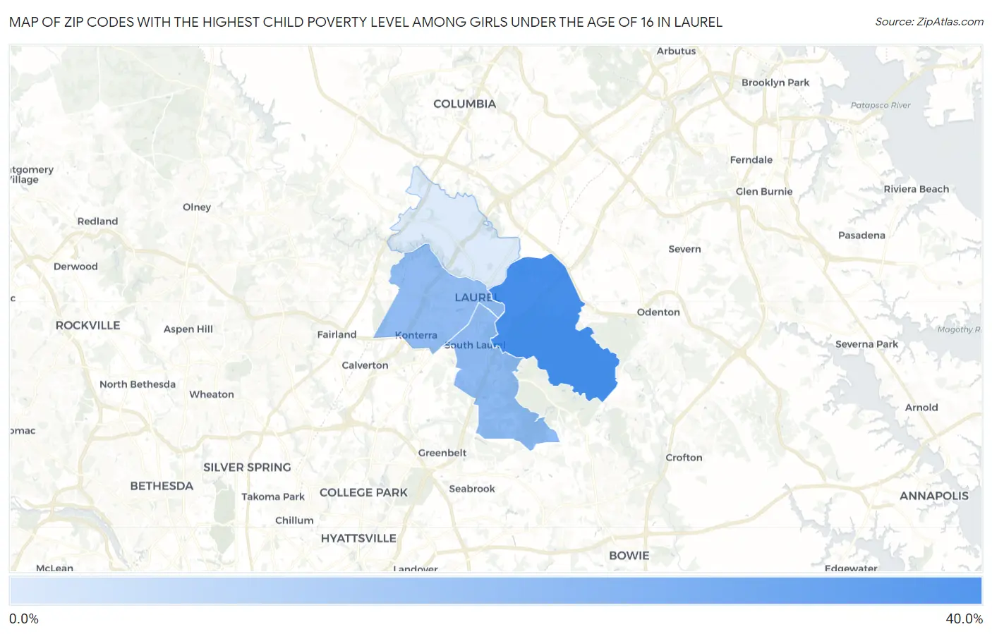 Zip Codes with the Highest Child Poverty Level Among Girls Under the Age of 16 in Laurel Map