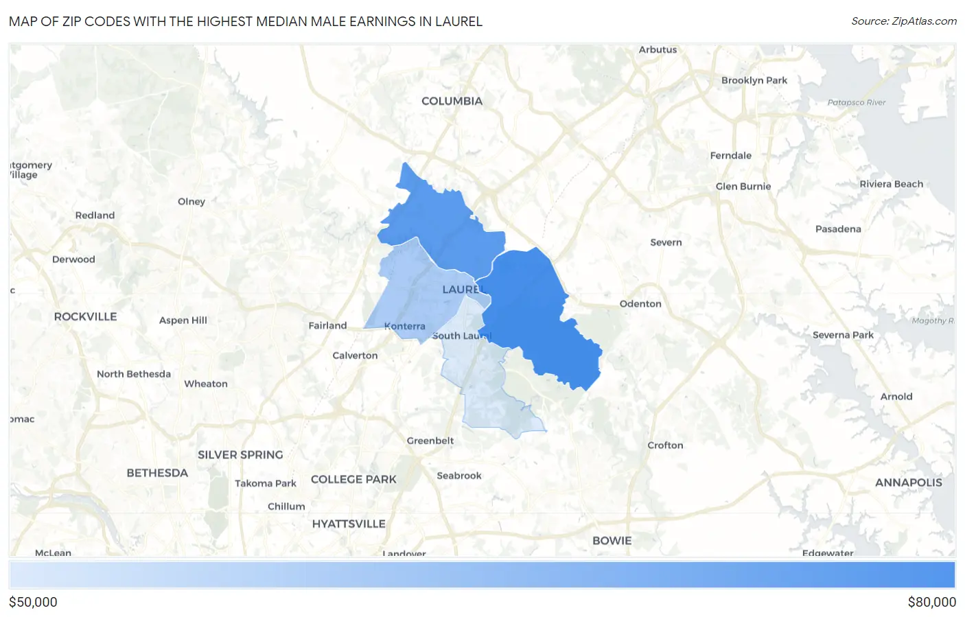 Zip Codes with the Highest Median Male Earnings in Laurel Map