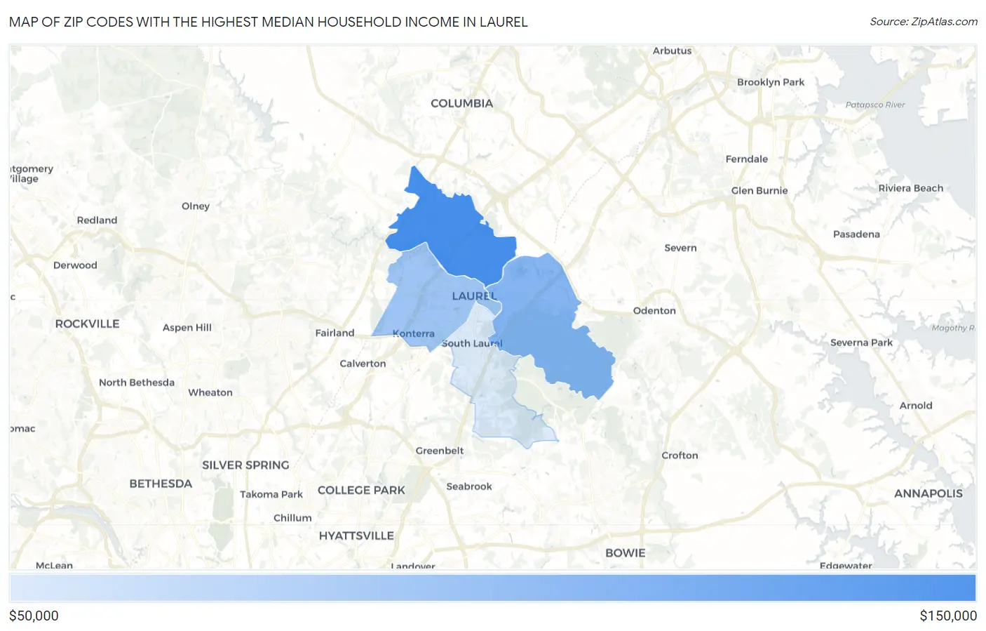 Zip Codes with the Highest Median Household Income in Laurel Map