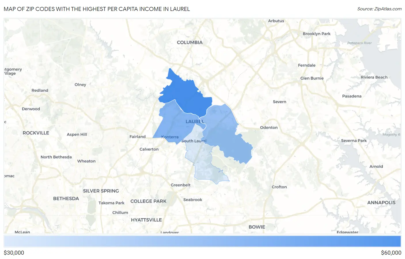 Zip Codes with the Highest Per Capita Income in Laurel Map