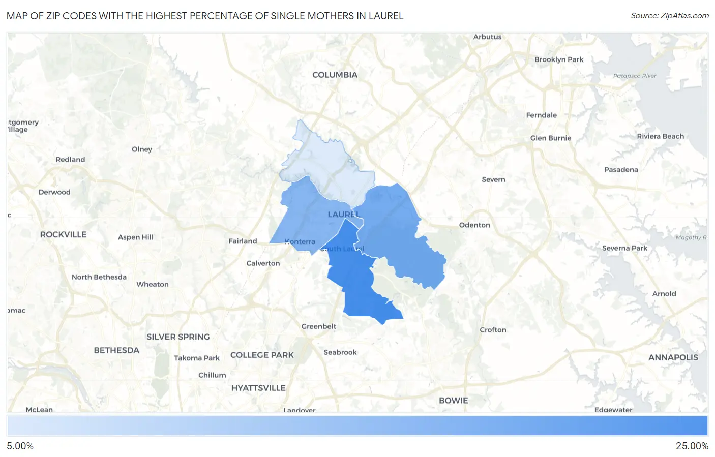 Zip Codes with the Highest Percentage of Single Mothers in Laurel Map