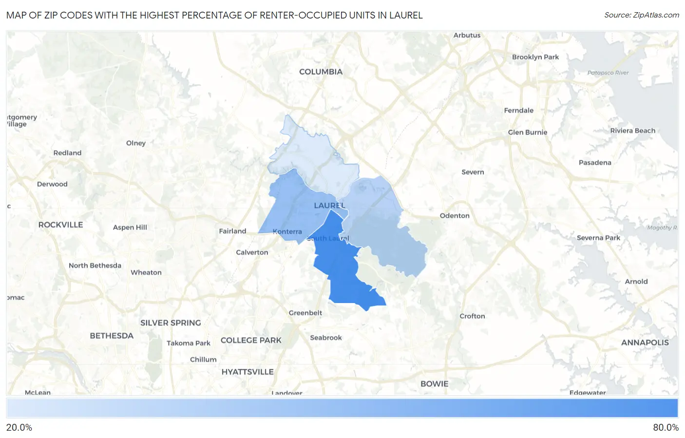 Zip Codes with the Highest Percentage of Renter-Occupied Units in Laurel Map
