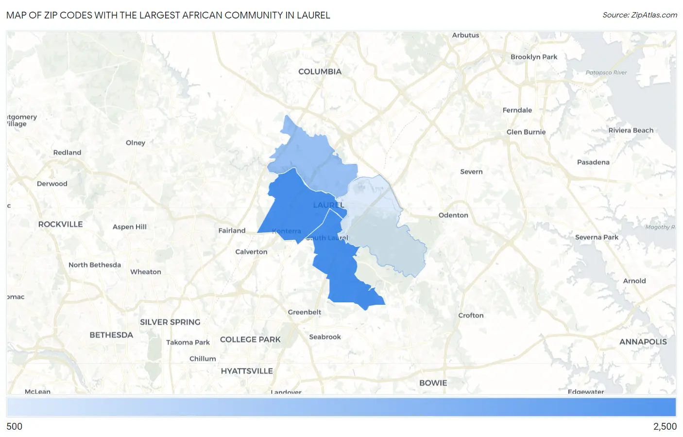 Zip Codes with the Largest African Community in Laurel Map