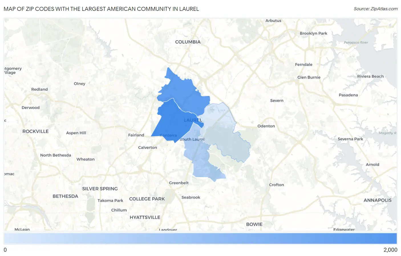Zip Codes with the Largest American Community in Laurel Map