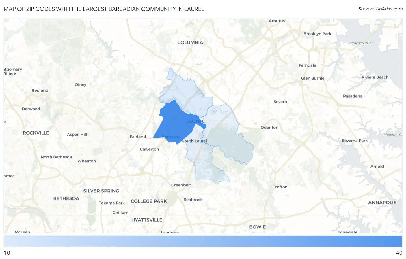 Zip Codes with the Largest Barbadian Community in Laurel Map