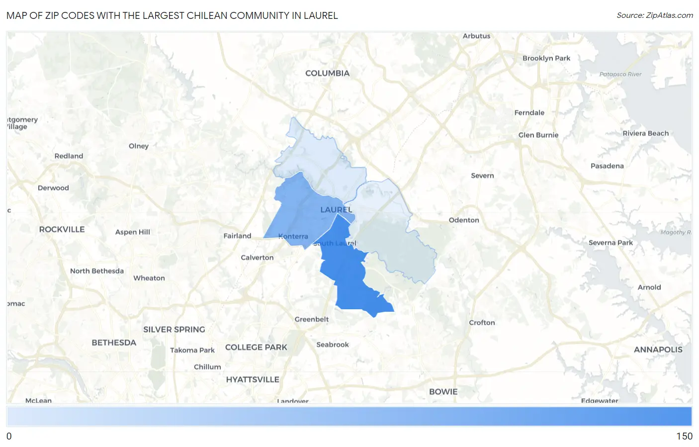 Zip Codes with the Largest Chilean Community in Laurel Map