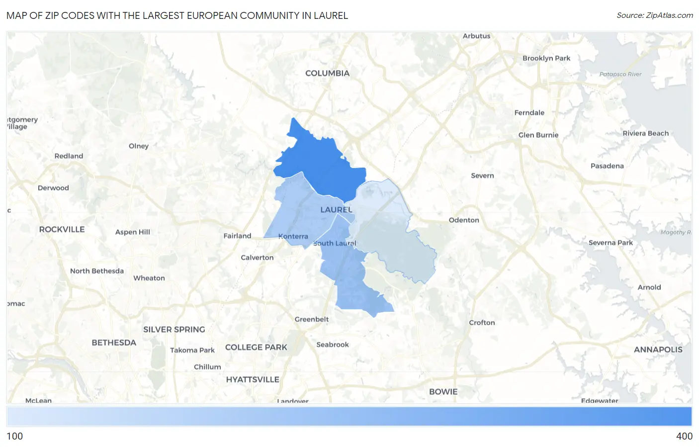 Zip Codes with the Largest European Community in Laurel Map