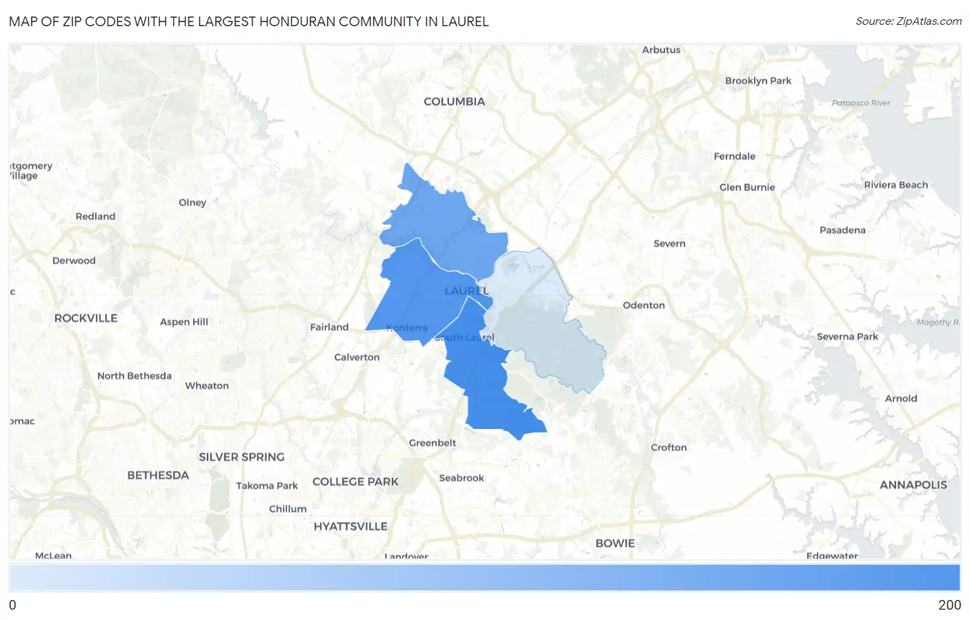 Zip Codes with the Largest Honduran Community in Laurel Map
