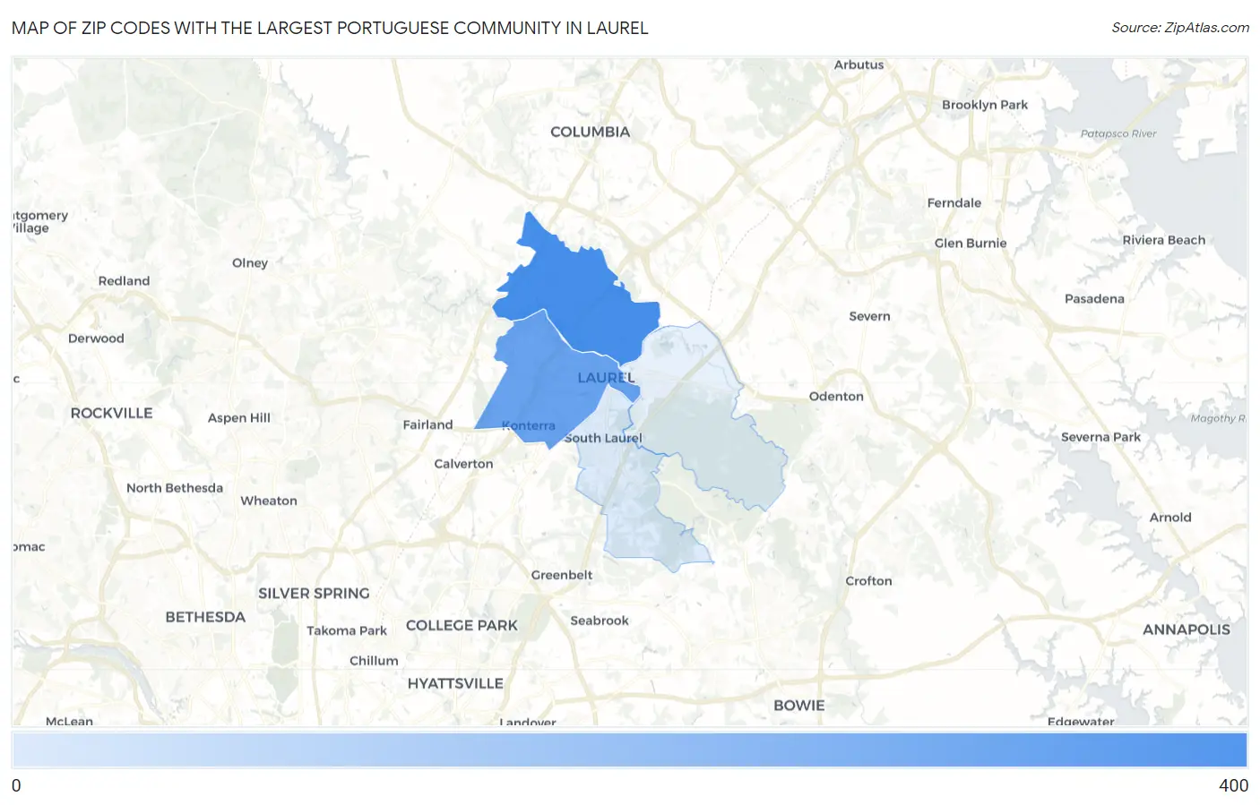 Zip Codes with the Largest Portuguese Community in Laurel Map