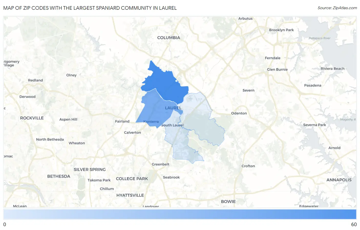 Zip Codes with the Largest Spaniard Community in Laurel Map