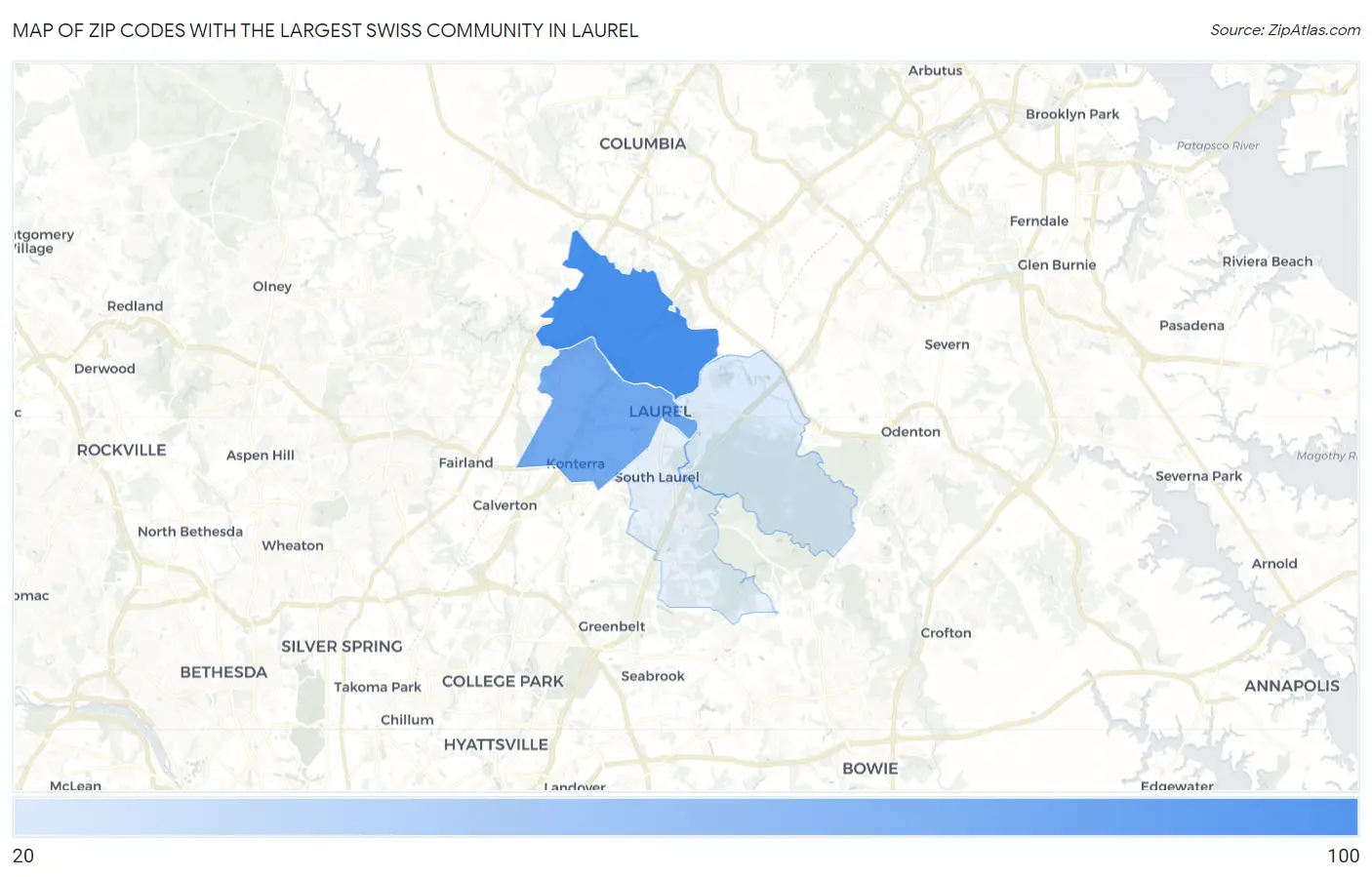 Zip Codes with the Largest Swiss Community in Laurel Map