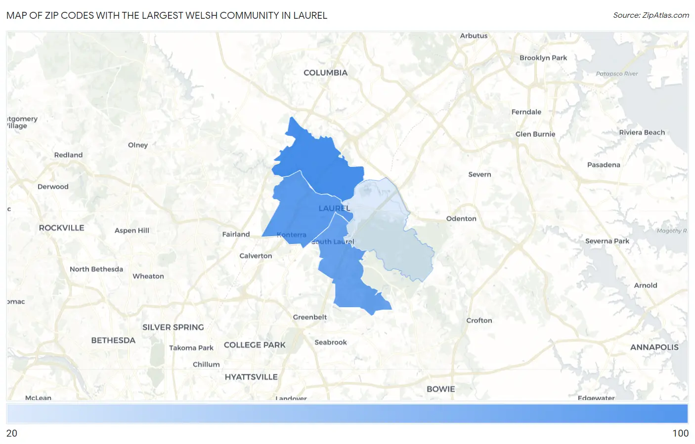 Zip Codes with the Largest Welsh Community in Laurel Map