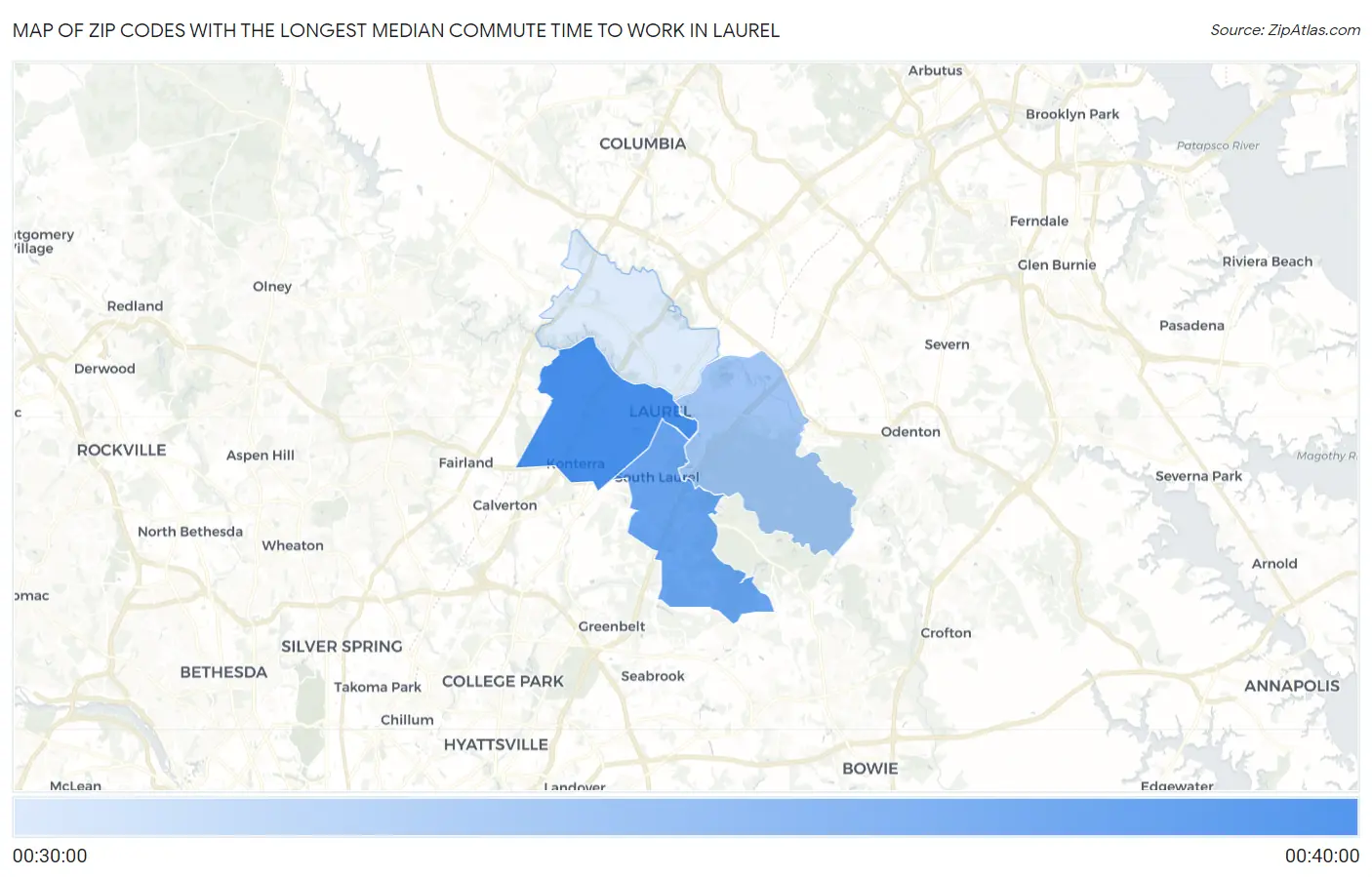 Zip Codes with the Longest Median Commute Time to Work in Laurel Map