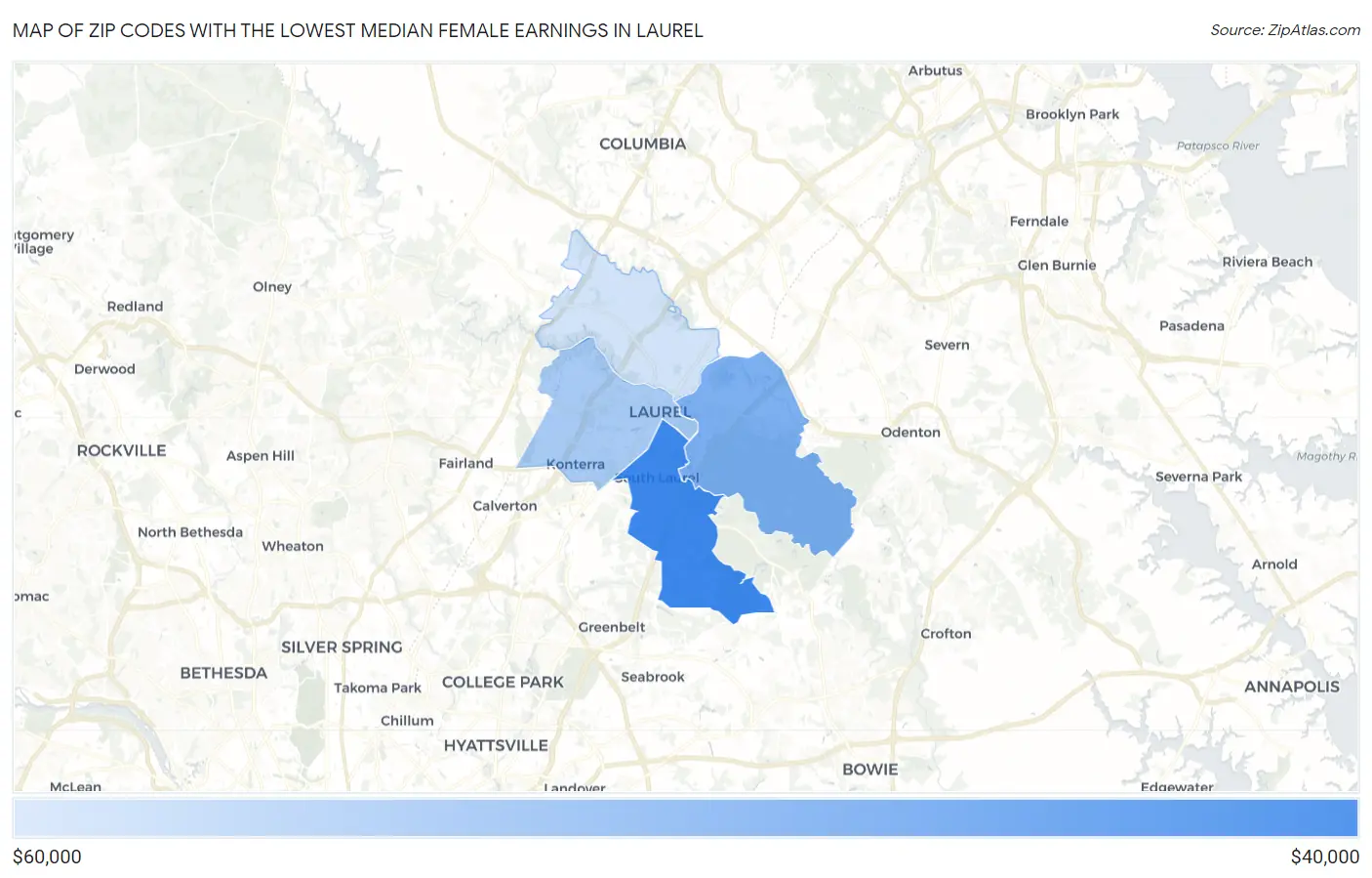 Zip Codes with the Lowest Median Female Earnings in Laurel Map