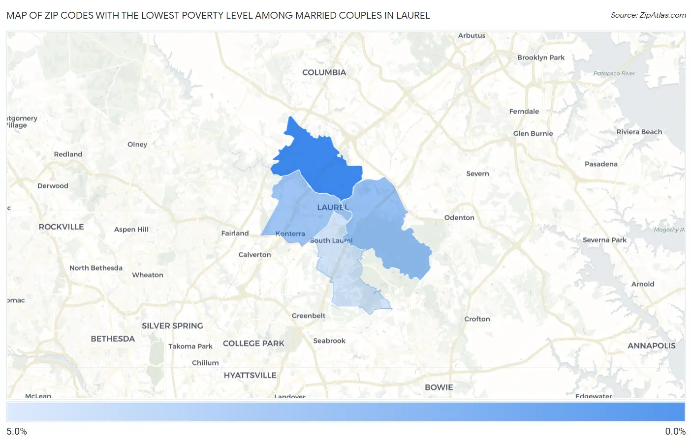 Zip Codes with the Lowest Poverty Level Among Married Couples in Laurel Map