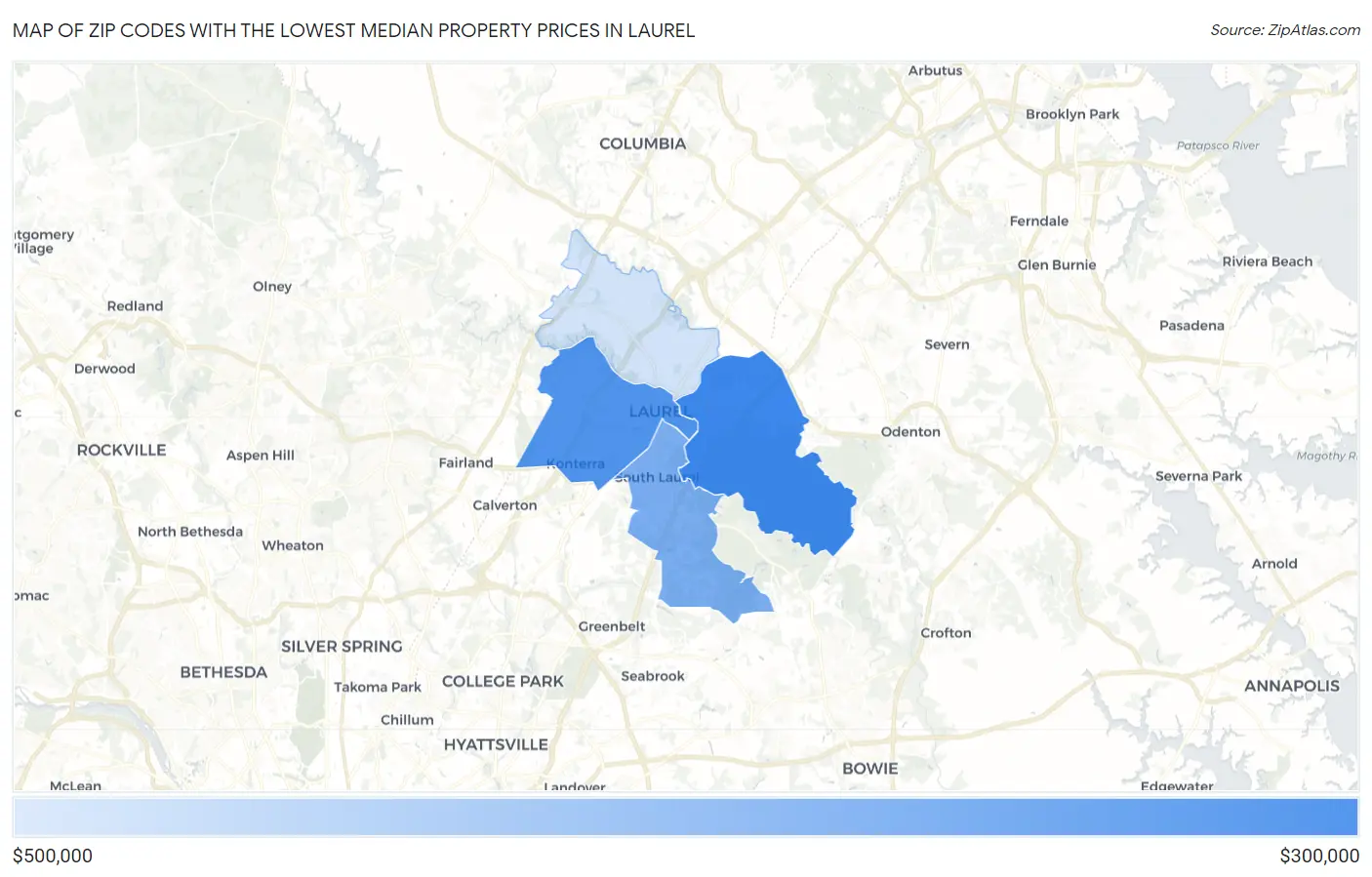 Zip Codes with the Lowest Median Property Prices in Laurel Map