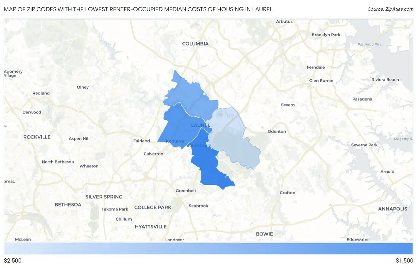 Zip Codes with the Lowest Renter-Occupied Median Costs of Housing in Laurel Map