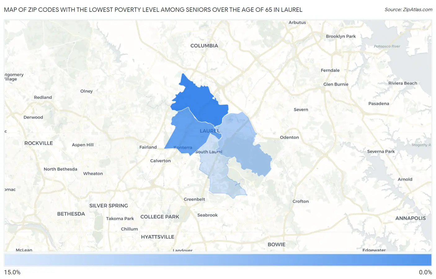 Zip Codes with the Lowest Poverty Level Among Seniors Over the Age of 65 in Laurel Map