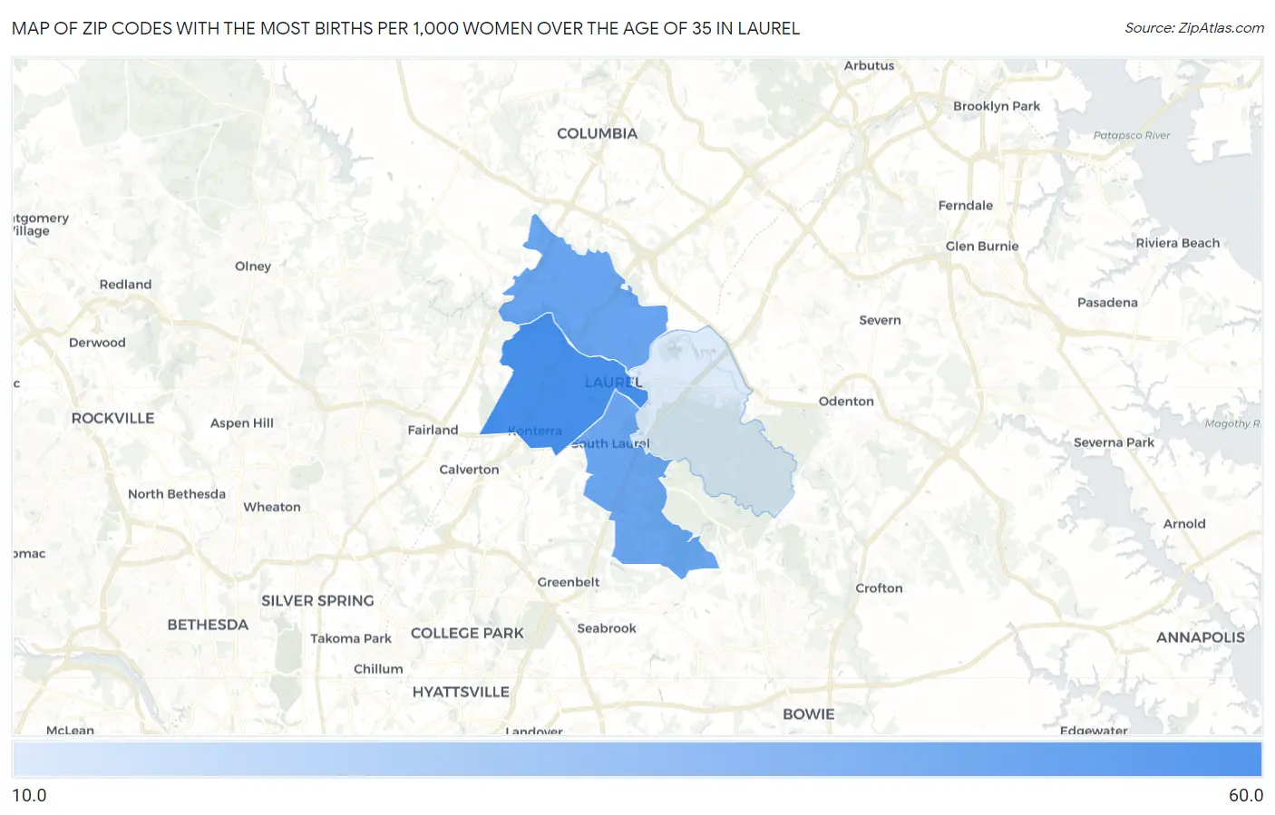 Zip Codes with the Most Births per 1,000 Women Over the Age of 35 in Laurel Map