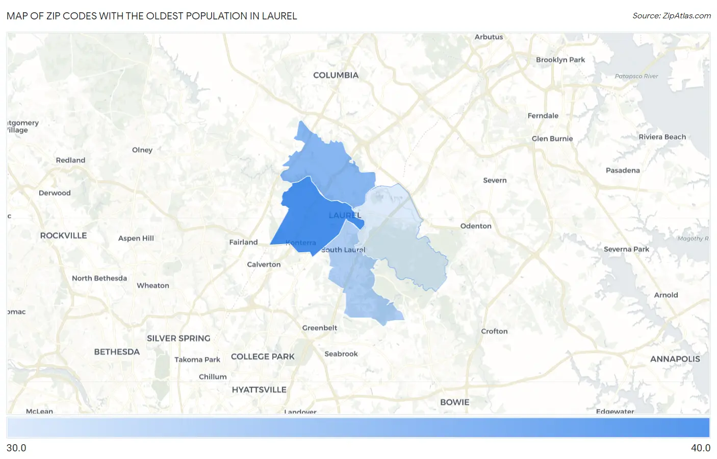 Zip Codes with the Oldest Population in Laurel Map