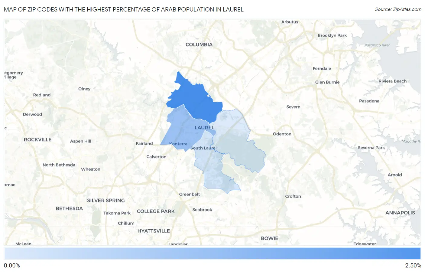 Zip Codes with the Highest Percentage of Arab Population in Laurel Map