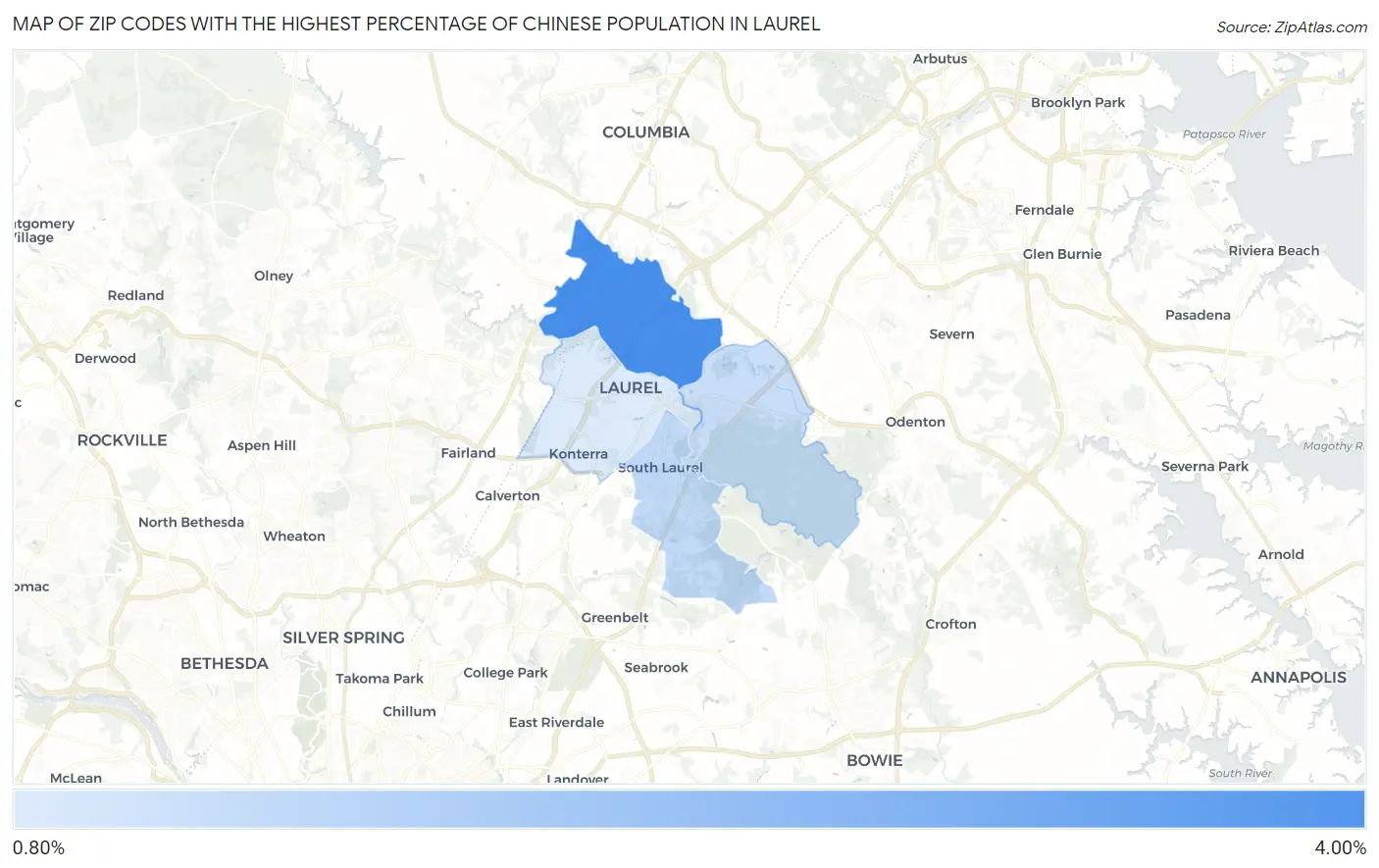 Zip Codes with the Highest Percentage of Chinese Population in Laurel Map
