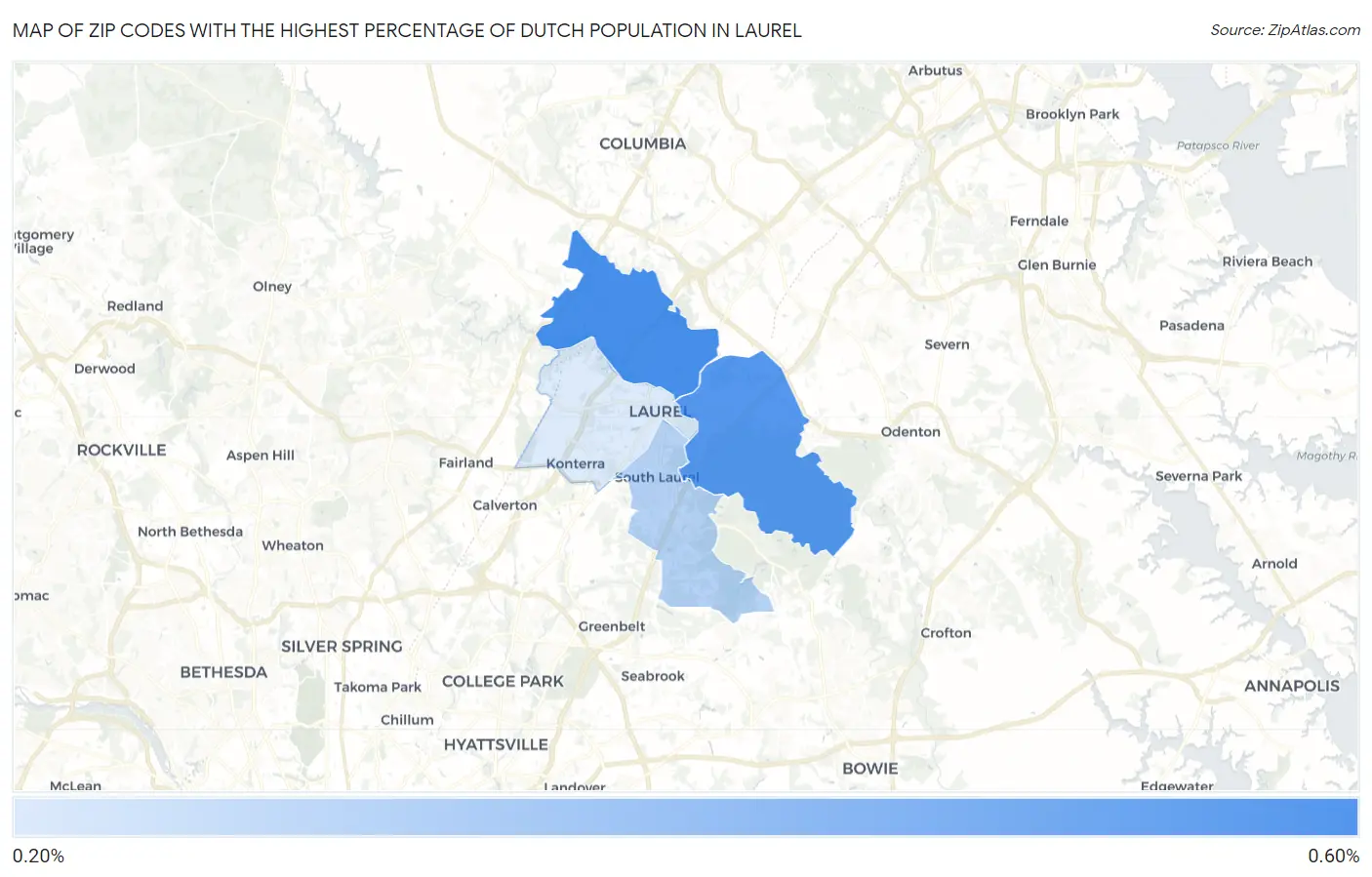 Zip Codes with the Highest Percentage of Dutch Population in Laurel Map