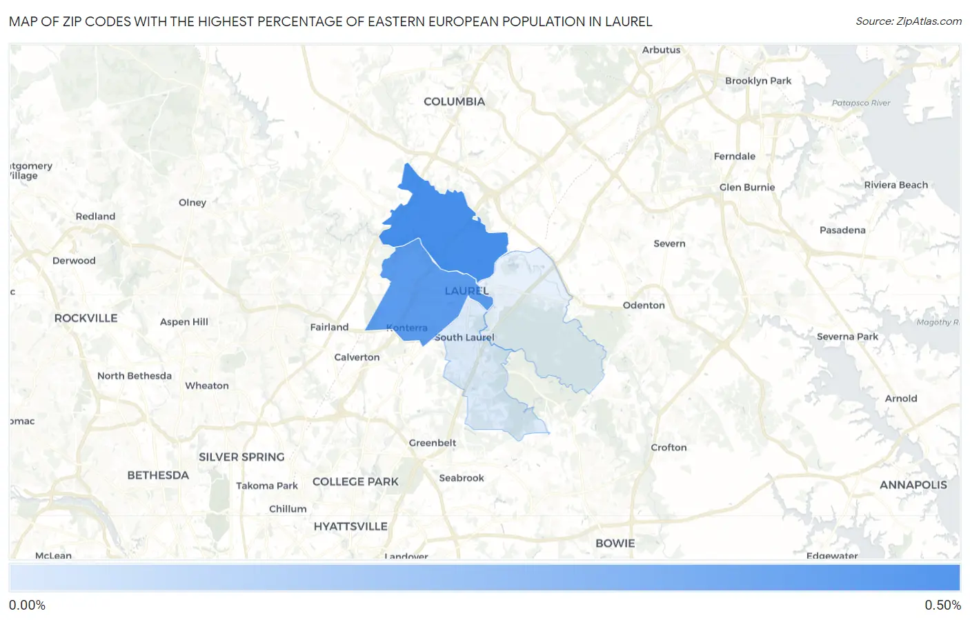 Zip Codes with the Highest Percentage of Eastern European Population in Laurel Map
