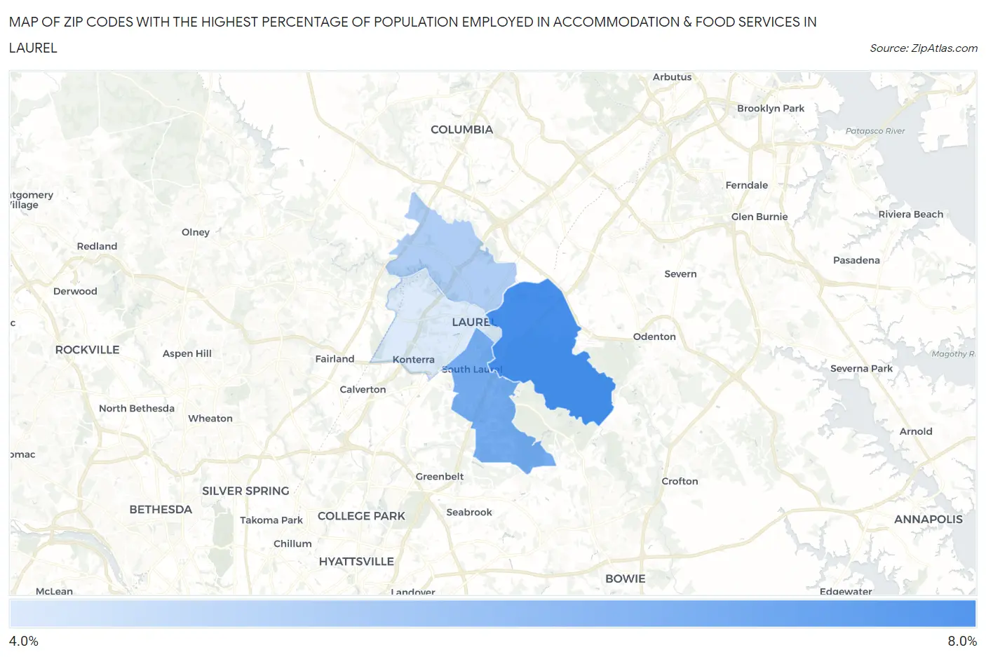 Zip Codes with the Highest Percentage of Population Employed in Accommodation & Food Services in Laurel Map