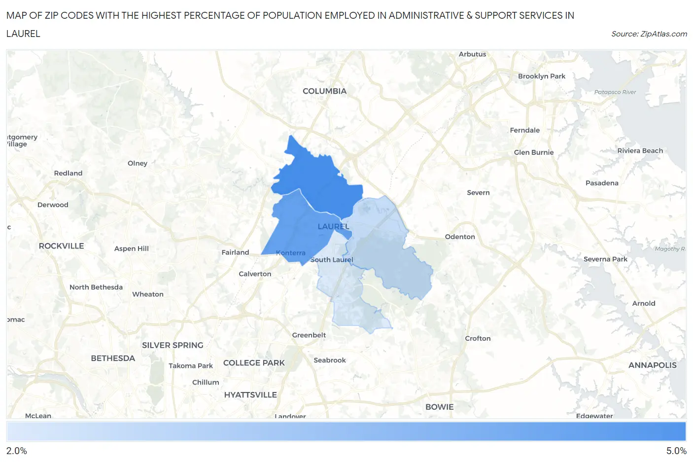 Zip Codes with the Highest Percentage of Population Employed in Administrative & Support Services in Laurel Map
