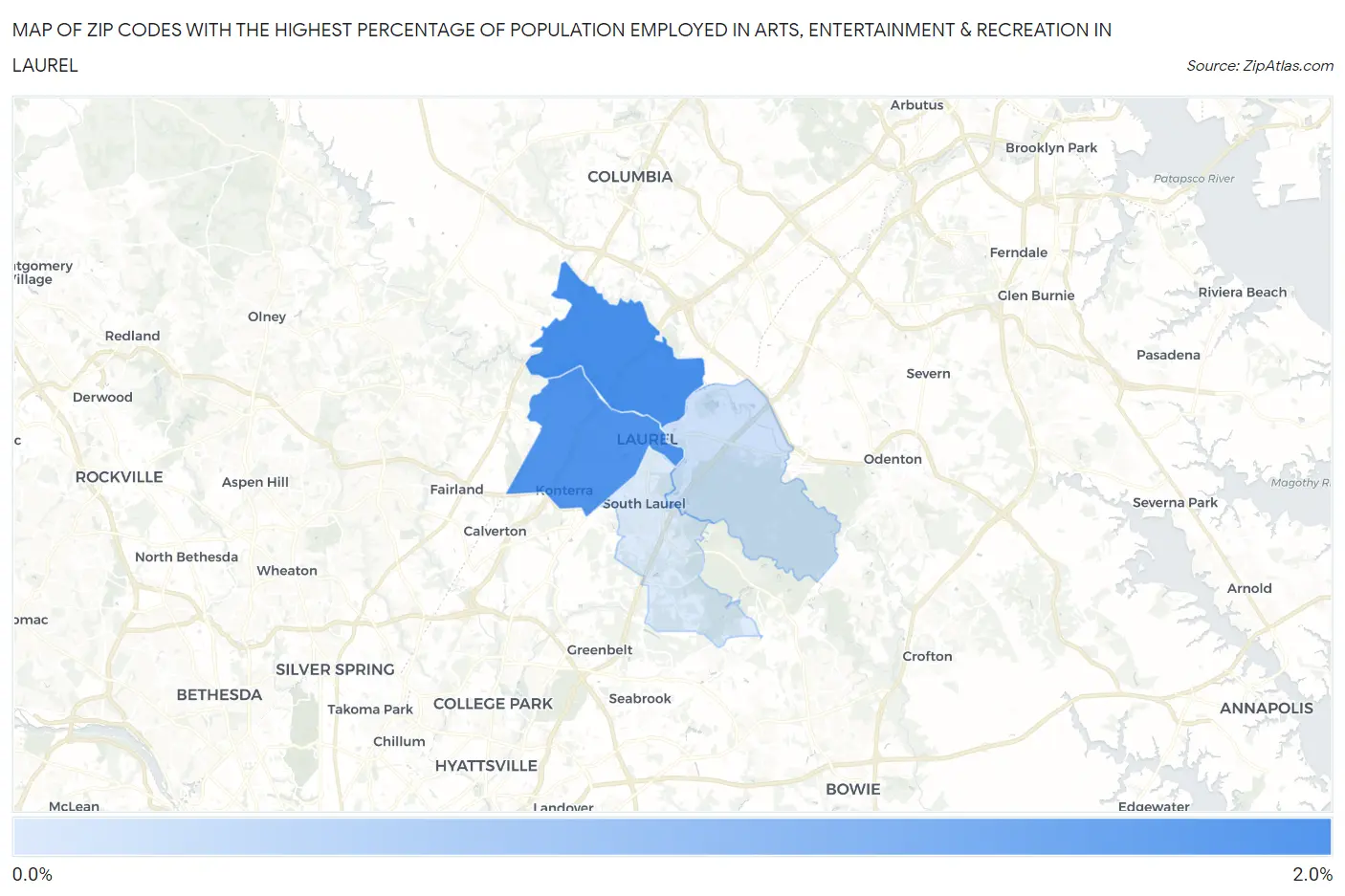 Zip Codes with the Highest Percentage of Population Employed in Arts, Entertainment & Recreation in Laurel Map