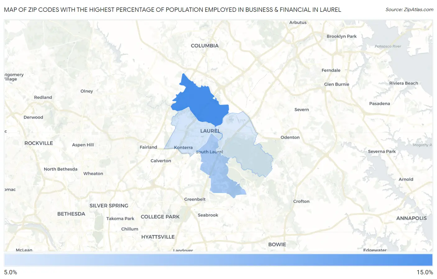 Zip Codes with the Highest Percentage of Population Employed in Business & Financial in Laurel Map