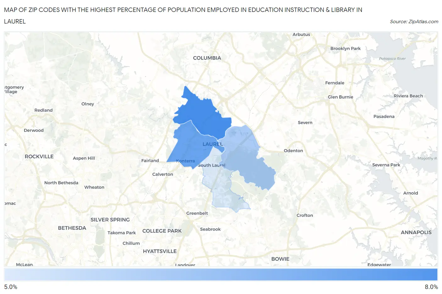 Zip Codes with the Highest Percentage of Population Employed in Education Instruction & Library in Laurel Map