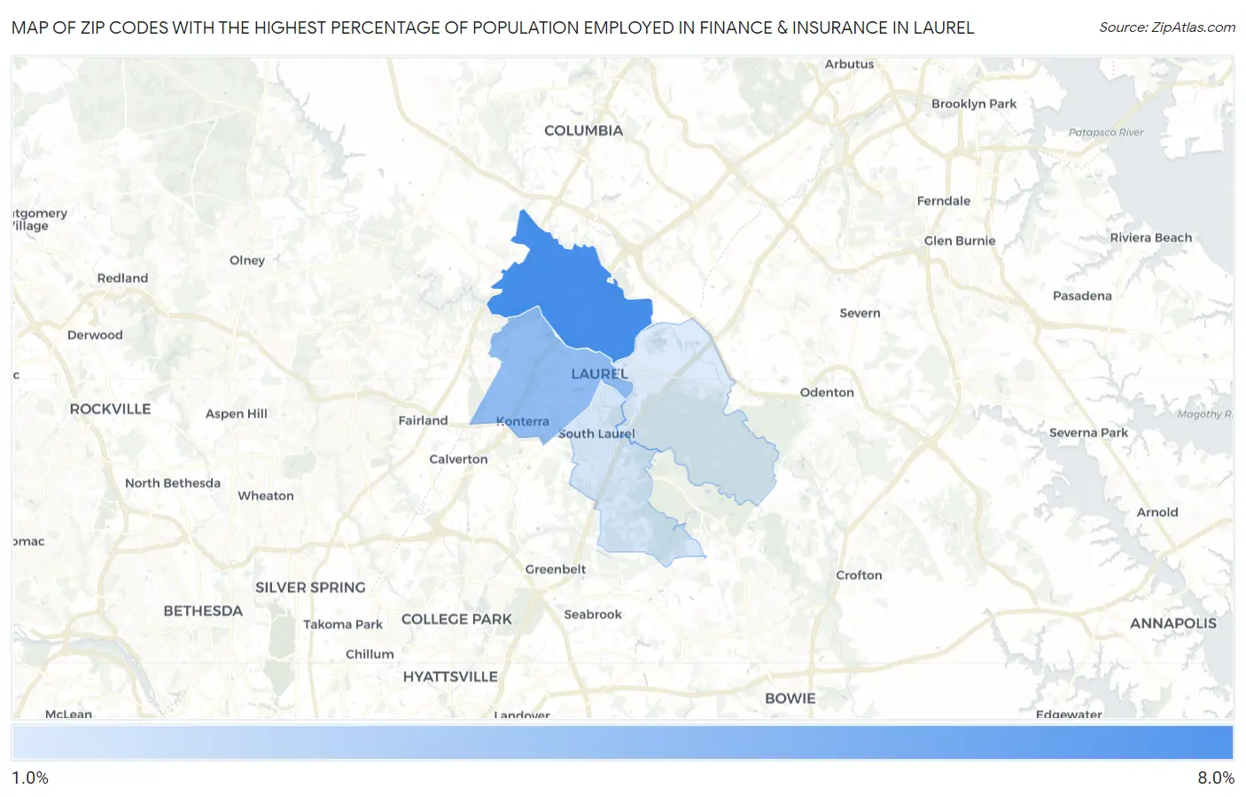 Zip Codes with the Highest Percentage of Population Employed in Finance & Insurance in Laurel Map