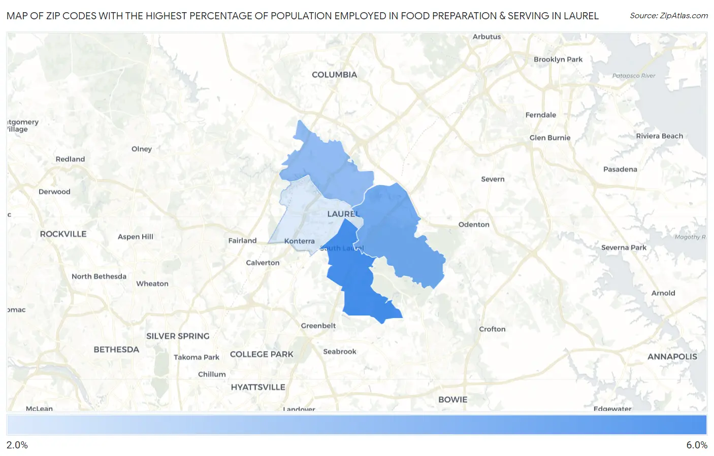 Zip Codes with the Highest Percentage of Population Employed in Food Preparation & Serving in Laurel Map